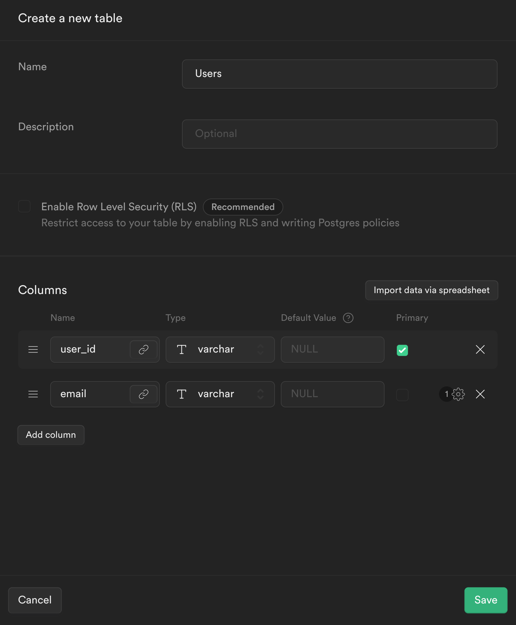 Supabase table create