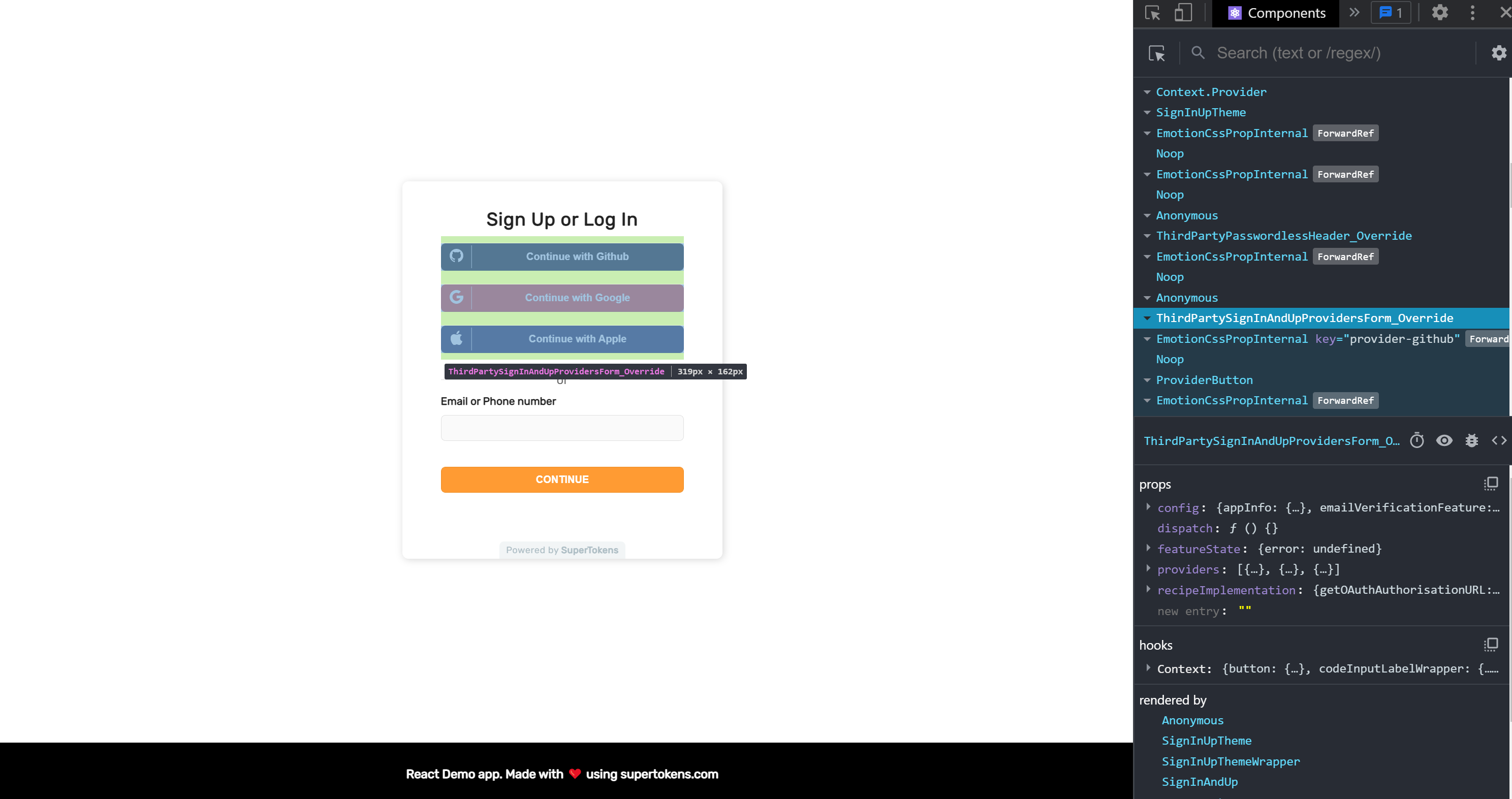 Checking which component from the prebuilt UI will be overridden using React Developer Tools extension